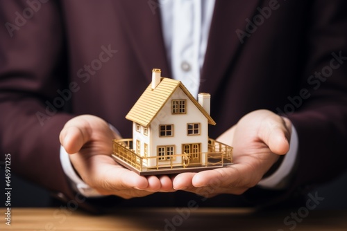 Real estate retiree man agent hands holding house model insurance businessman investing private property mortgage home rent apartment for sale flat business owner landlord pension credit payments