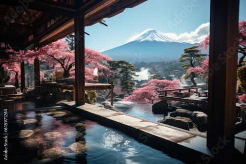 Landscape Japan onsen with sakura season Generative with Ai