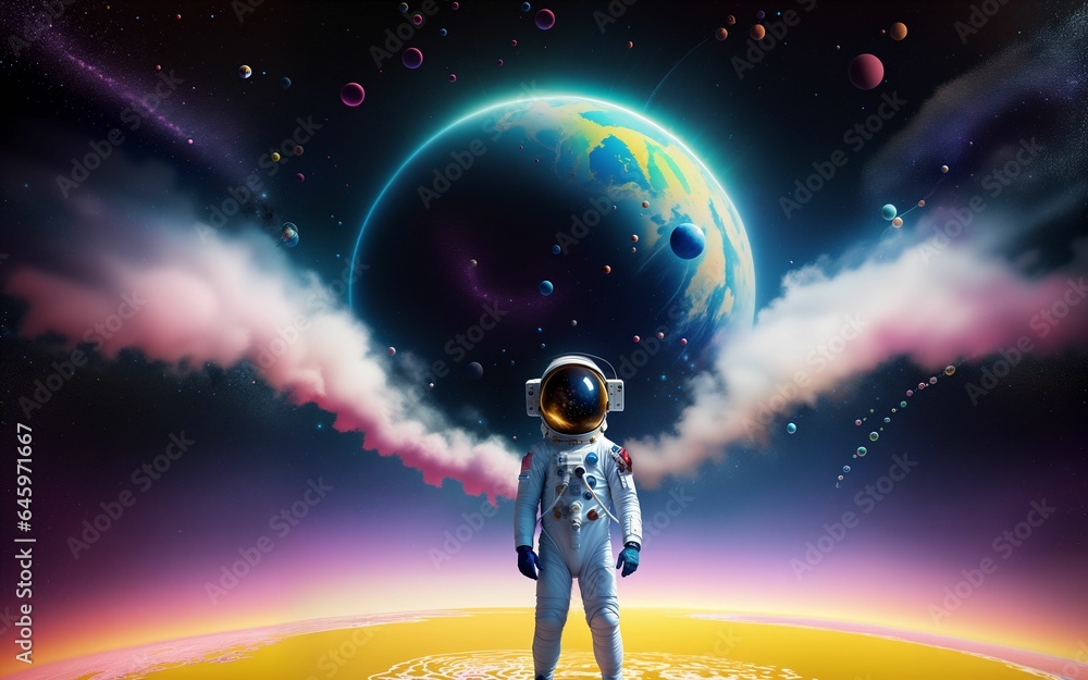  A Cosmic Painting of an Astronaut in a Bubbles Galaxy, Crafted by Generative AI