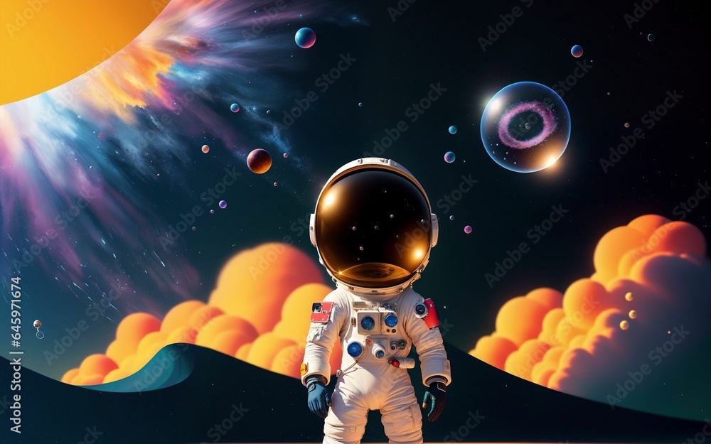 Naklejka premium A Cosmic Painting of an Astronaut in a Bubbles Galaxy, Crafted by Generative AI