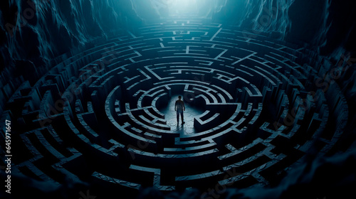 Man in a dark maze, labyrinth strategy, making intricate decisions, embodying the idea of overcoming life's hurdles and finding solutions