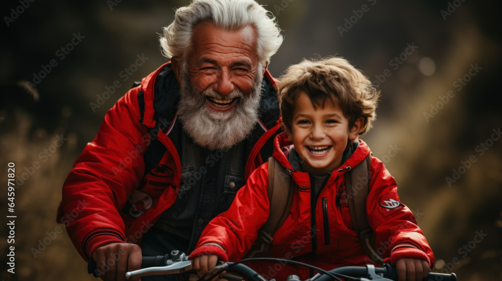 Obraz premium Grandpa teaches grandson to cycle in autumn park