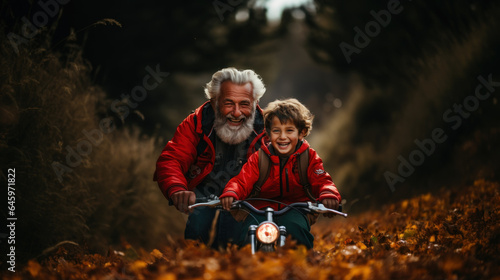 Grandpa teaches grandson to cycle in autumn park