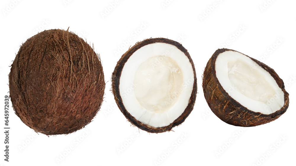 Set of whole coconuts and pieces of coconut on a blank background. PNG Set of whole coconuts and pieces of coconut on a blank background. PNG
