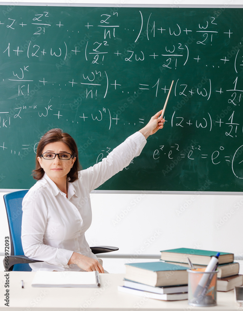 Female math teacher in front of the chalkboard Female math teacher in front of the chalkboard
