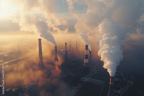 Smokestack pipes emitting co2 from coal thermal power plant into atmosphere. Smoke from heating station in big city during winter season at sunset.