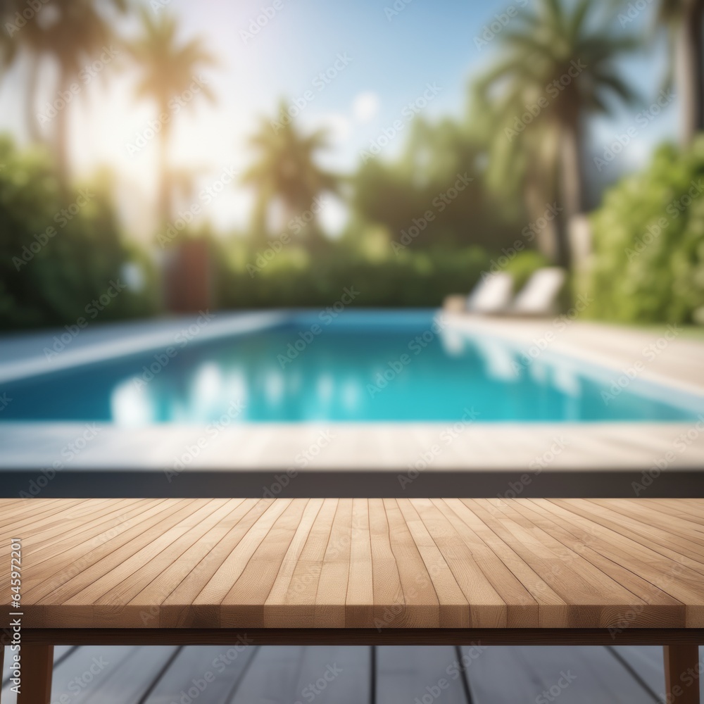 Blurred pool background with wooden table. Empty wooden table for product showcase.