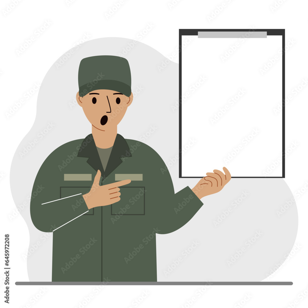 Military man in uniform with clipboards and a white sheet of paper for text. Military man in uniform with clipboards and a white sheet of paper for text.