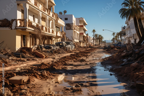 Damaged houses and road after the strong earthquake. AI generated