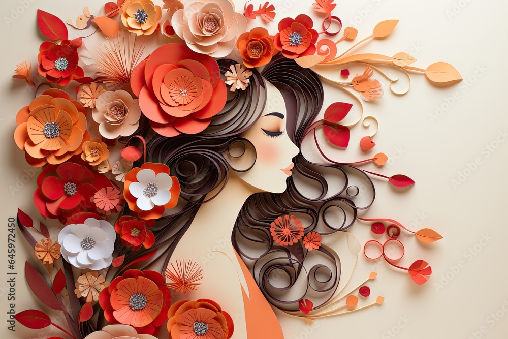 Women with flowers in hair paper art Card for International Womens Day 8 march Women with flowers in hair paper art Card for International Womens Day 8 march