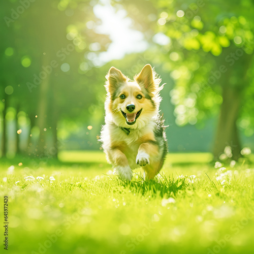 Dog running and playing in the park outdoors, green nature background