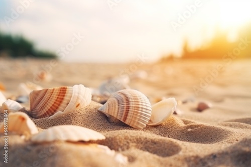 Seashells shells laying on white sand sea beach tropical sanded seashore sandy seacoast backdrop beauty calm tranquil ocean seaside environment summer day vacation travel exotic aqua island background © Yuliia