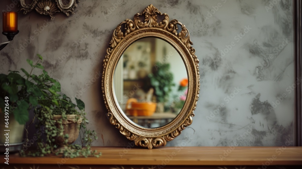 Old vintage retro antique mirror in gold frame, rustic style - obrazy, fototapety, plakaty 