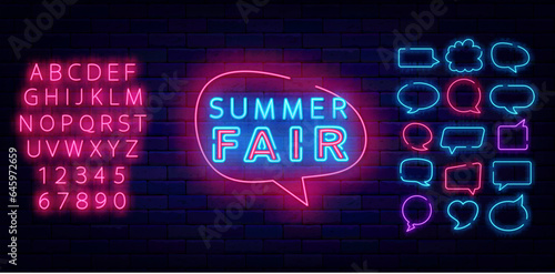 Summer fair neon label. Speech bubble. Glowing advertising. Shiny pink alphabet. Vector stock illustration