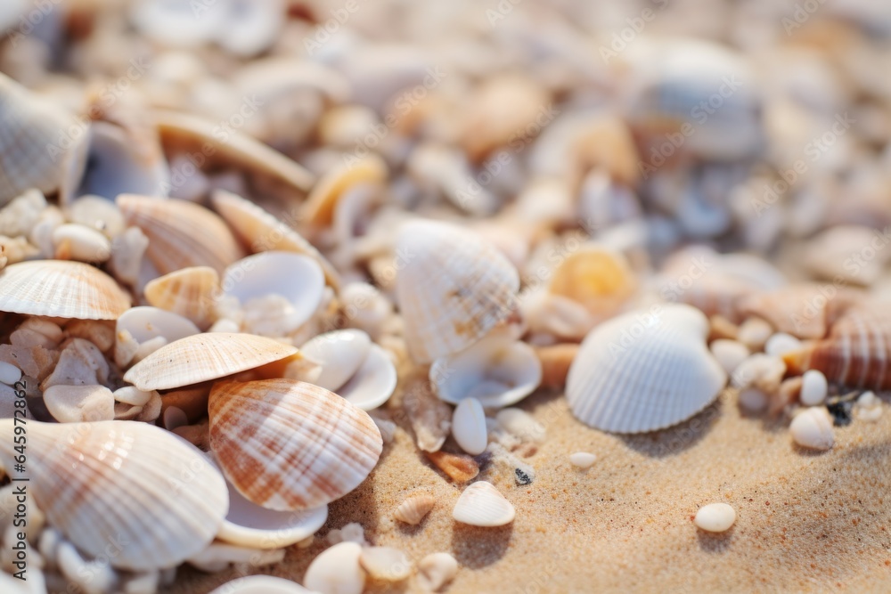 Seashells shells laying on white sand sea beach tropical sanded seashore sandy seacoast backdrop beauty calm tranquil ocean seaside environment summer day vacation travel exotic aqua island background