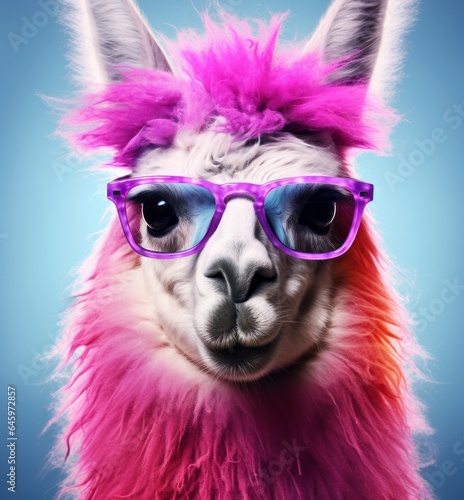 A furry llama wearing glasses stands in an outdoor setting, captivating viewers with its anthropomorphic portrait and endearing mammal charm