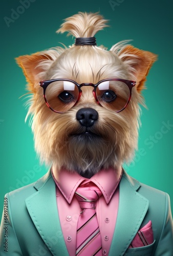 This anthropomorphic portrait of a dog wearing a suit and tie exudes a sense of sophistication and class, making a statement about the importance of a pet's presence in the home