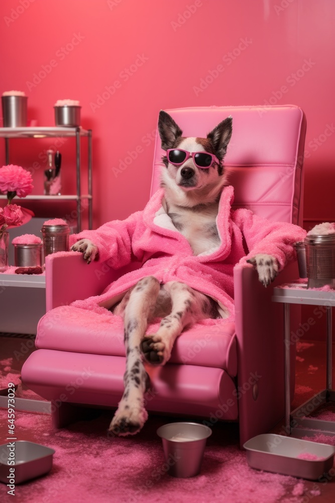 This whimsical portrait of an anthropomorphic dog wearing a bathrobe and sunglasses, perched in a vibrant pink chair, exudes a playful energy that invites the viewer to let go of reality and the wild