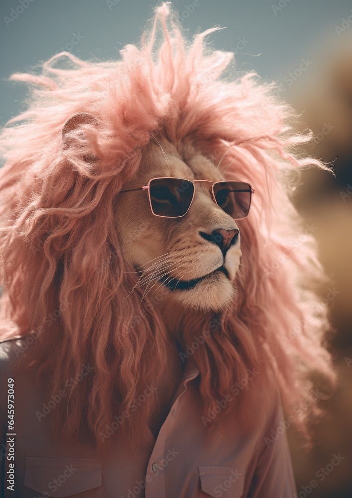 A portrait of an anthropomorphic lion, wearing a shirt and sunglasses, basks in the sun as its majestic fur glistens in the light