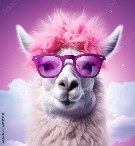 This whimsical portrait of an anthropomorphic llama wearing pink glasses and a wig captures the joy of embracing one's uniqueness and expressing it to the world with furry confidence © Glittering Humanity