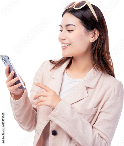 Happy asian businesswoman using mobile phone isolated over white background Young lady use phone for shopping online enjoy with social media Small Business Startup Business lady satisfy online banking