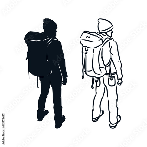 Man with backpack standing silhouette and hand drawn line art. Hiking, camping, adventure, outdoor trekking vector illustration