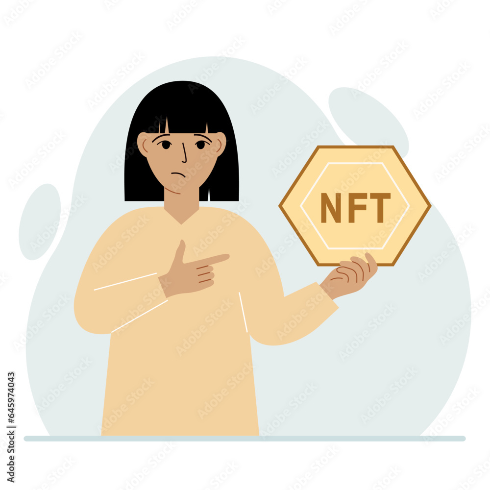 NFT concept. The woman is holding nft in his hand. Works of art using non-fungible tokens for auctions, sale and purchase of works of art.