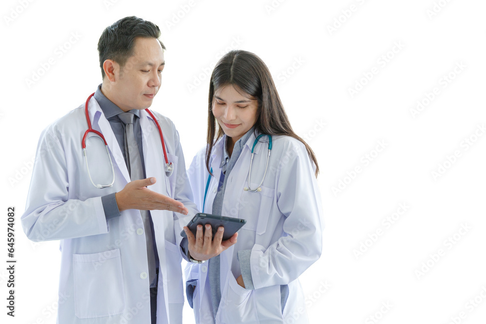 Medicine and healthcare concept : serious senior asian doctors and Female doctor standing on white background. Medicine and healthcare concept : serious senior asian doctors and Female doctor standing on white background.
