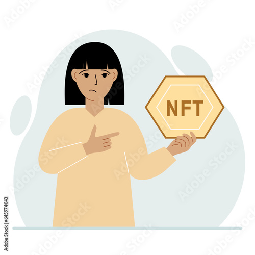 NFT concept. The woman is holding nft in his hand. Works of art using non-fungible tokens for auctions, sale and purchase of works of art.