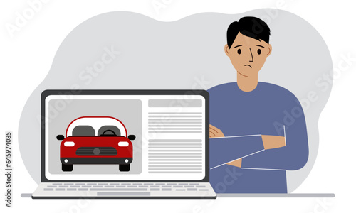 The concept of renting or buying a car. A man with a laptop on which site about the car.