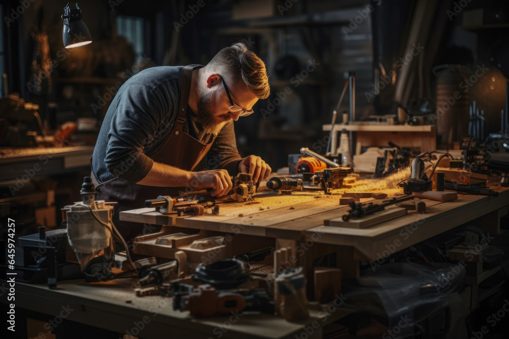 Craftsmanship, skilled woodworker meticulously creates a piece of furniture from quality wood Craftsmanship, skilled woodworker meticulously creates a piece of furniture from quality wood