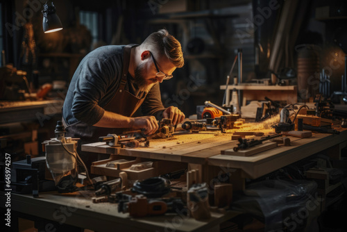 Craftsmanship, skilled woodworker meticulously creates a piece of furniture from quality wood