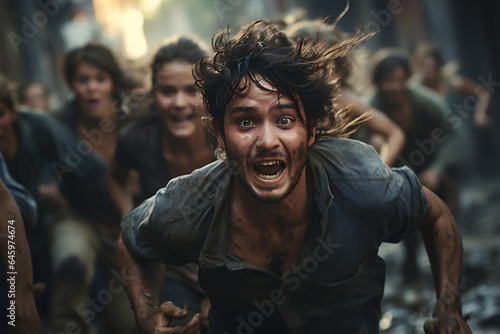 Frightened people running from earthquake with an expression of nightmare and horror on their face, demolished houses wall background. AI Generative