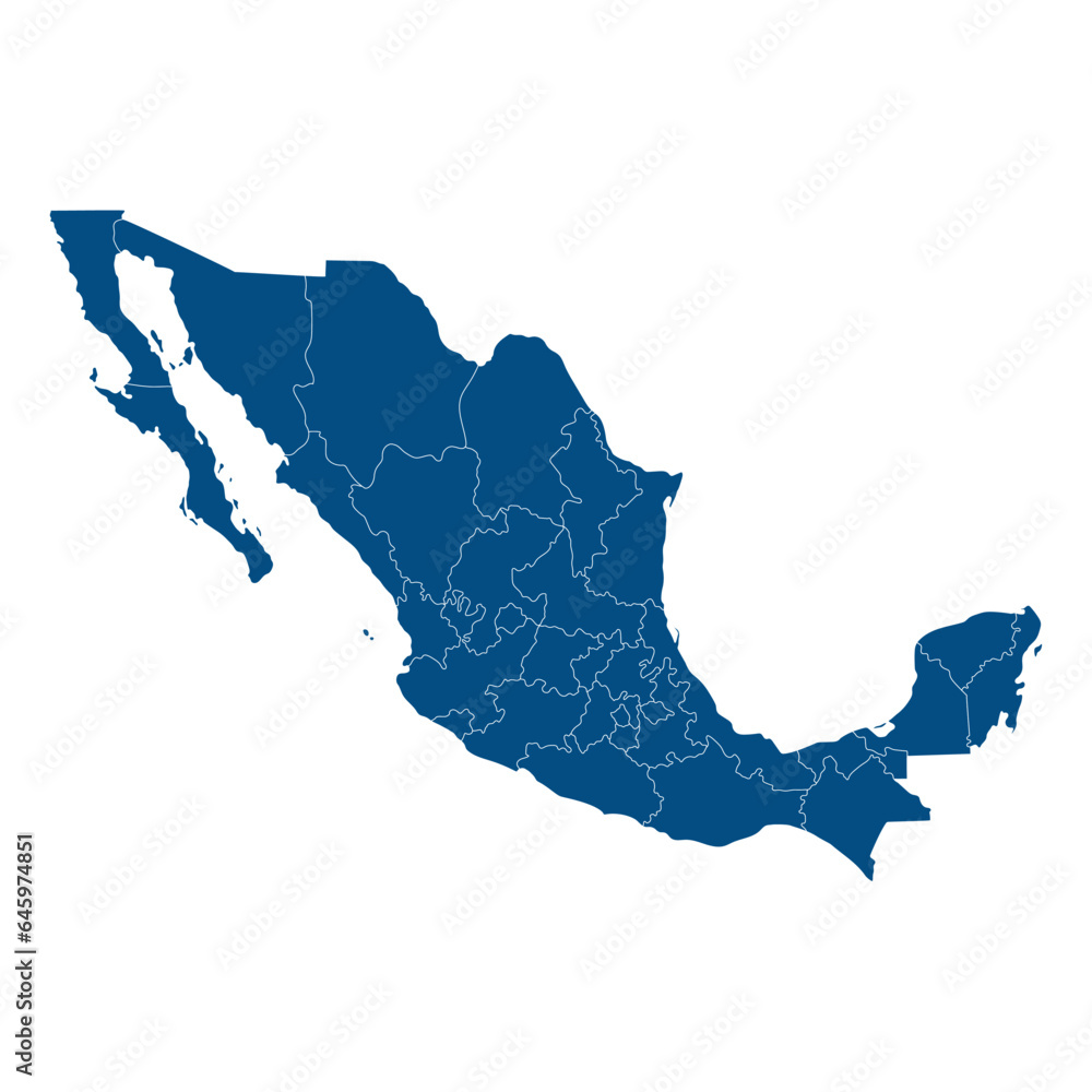Naklejka premium Map of Mexico with administrative regions in blue. Mexican map regions.