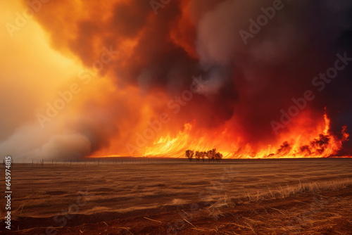 Dramatic wildfire tearing through an agricultural field, the fiery horizon and smoke against the dark red sky