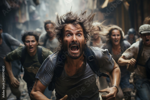 Frightened people running from earthquake with an expression of nightmare and horror on their face, demolished houses wall background. AI Generative