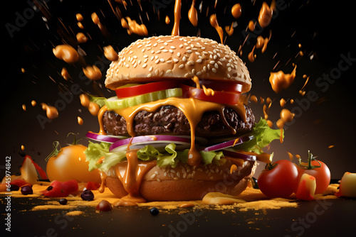 A Burger Falling in Pieces Juicy, Tasty, Hot, Promotional photo. Floating hamburger with meat, cheese, tomatoes, lettuce, and splash of sauce