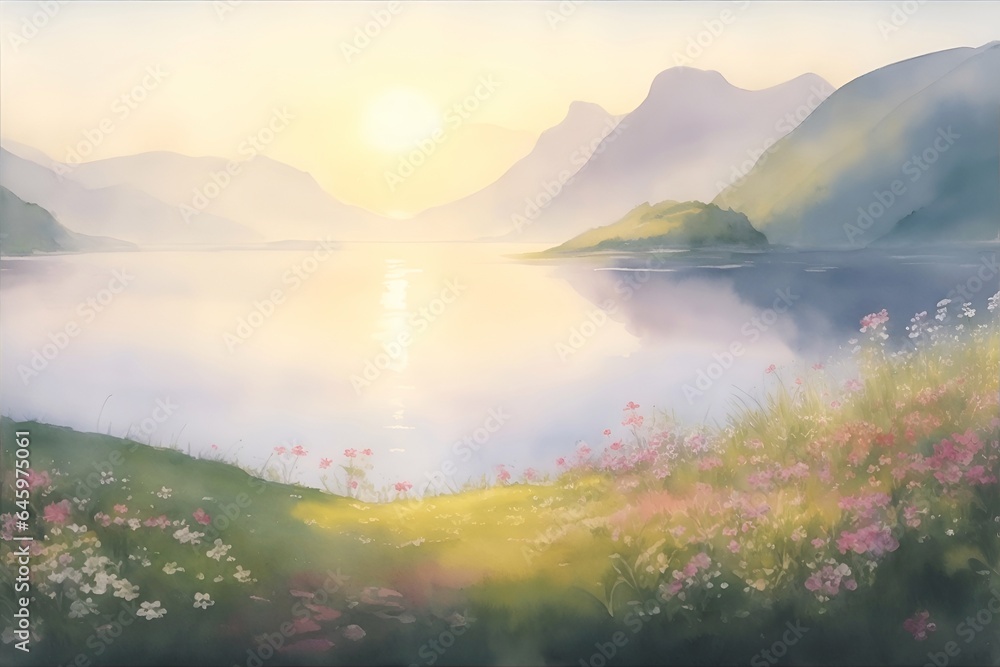 Beautiful Norway fjord landdscape. Watercolor style. AI generated illustration