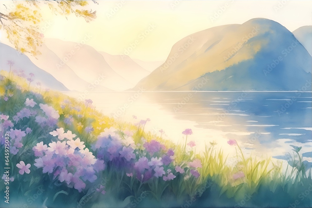 Beautiful Norway fjord landdscape. Watercolor style. AI generated illustration