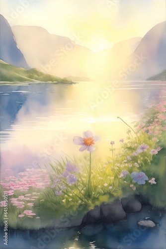 Beautiful Norway fjord landdscape. Watercolor style. AI generated illustration photo