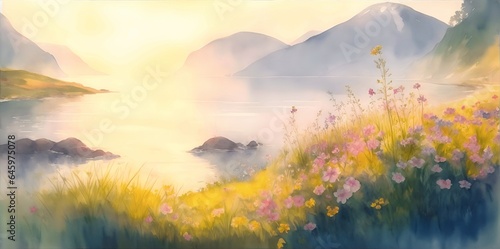 Beautiful Norway fjord landdscape. Watercolor style. AI generated illustration