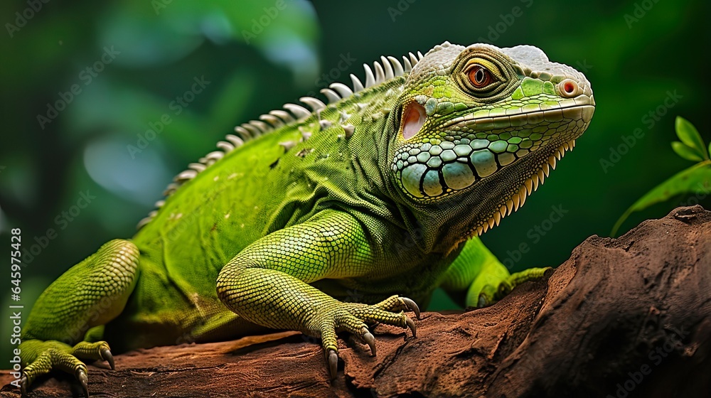 Brachylophus Fasciatus, The Lau Banded Iguana Inside its Green Terrarium in Lodz, Poland Zoo. Captivating Exotic Animal Photo Brachylophus Fasciatus, The Lau Banded Iguana Inside its Green Terrarium in Lodz, Poland Zoo. Captivating Exotic Animal Photo