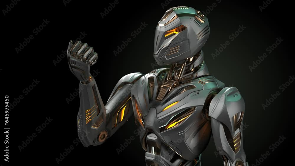 Detailed futuristic robot or humanoid cyborg looking at his arm. Upper body isolated on black background with alpha. 3d rendering animation Detailed futuristic robot or humanoid cyborg looking at his arm. Upper body isolated on black background with alpha. 3d rendering animation