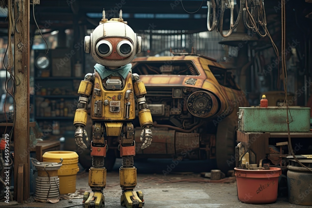 Funny robot-repairman in a dirty human clothes looking at camera while standing in auto repair shop. Future concept. Funny robot-repairman in a dirty human clothes looking at camera while standing in auto repair shop. Future concept.