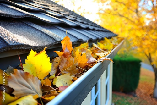 Autumn Gutter Cleaning. Detail of Blocked Gutter with Fallen Leaves in Central Europe