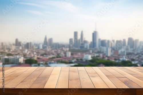 Blurred Skyline City Landscape on Wooden Table Top Surface. Gorgeous City View of Skyscrapers in Background Mockup