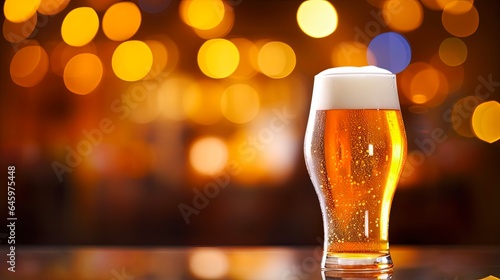 Cold beer in a glass, placed on bar table with blurred bokeh background of a pub atmosphere
