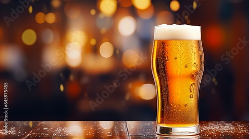 Cold Glass of Beer on Bokeh Background in a Pub. Crisp Gold Liquid with Foamy Froth and Bubbles in a Classic Beer Glass