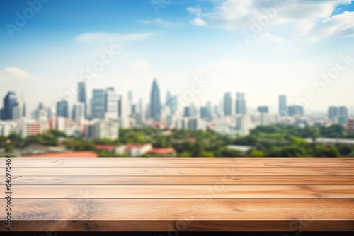 Blank Wooden Table Top with Beautiful Blurry Skyline of City Landscape and Skyscraper View