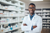 Portrait of pharmacist standing with arms crossed in drugstore